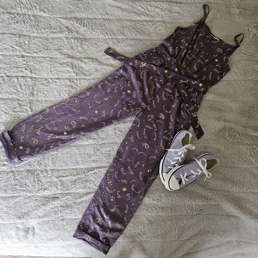 Boden Plum Purple & Gold Celestial Space Graphic Jumpsuit Girls Size 11/12